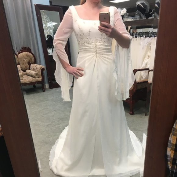 New Vintage Wedding Dress, Poet LONG SLEEVE Bell Aline Reg $3499 Size10 Rustic - Picture 1 of 15